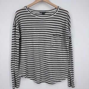 Vince Striped Long Sleeve Tee Womens M Grey Black Breton Pocket Coastal *FLAW